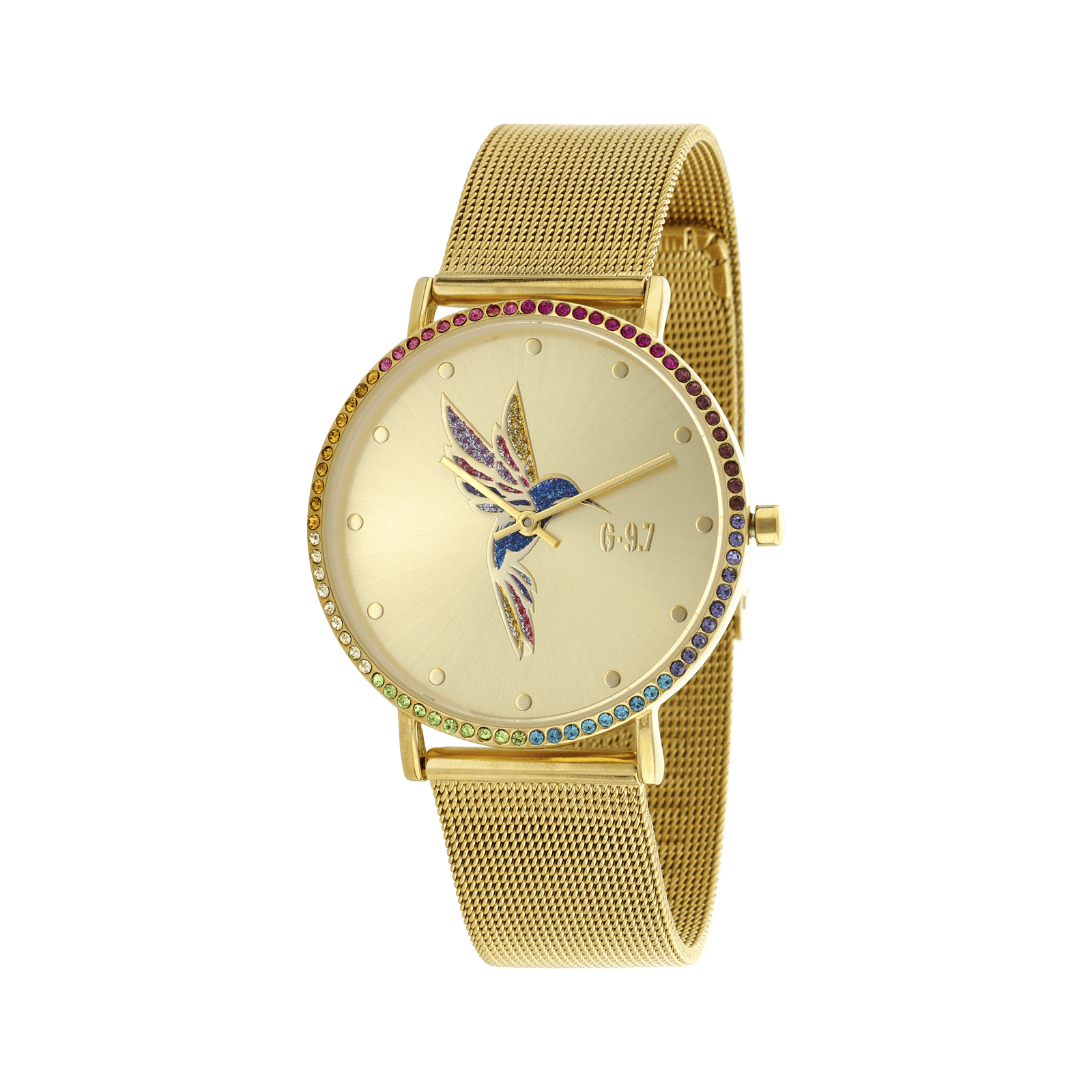 montre acier doré bracelet maille milanaise doré cadran gold sunray colibri paillettes