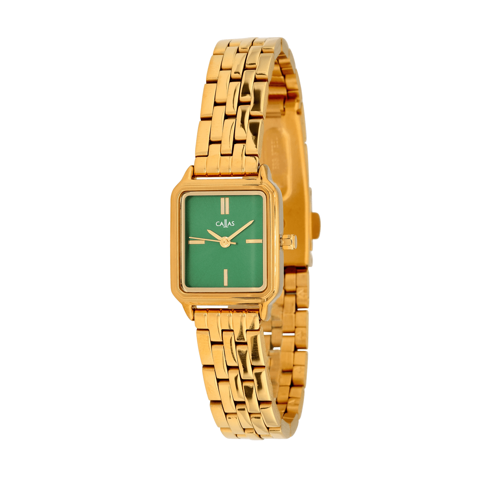 Montre Callas rectangle Bracelet métal Acier doré Cadran vert
