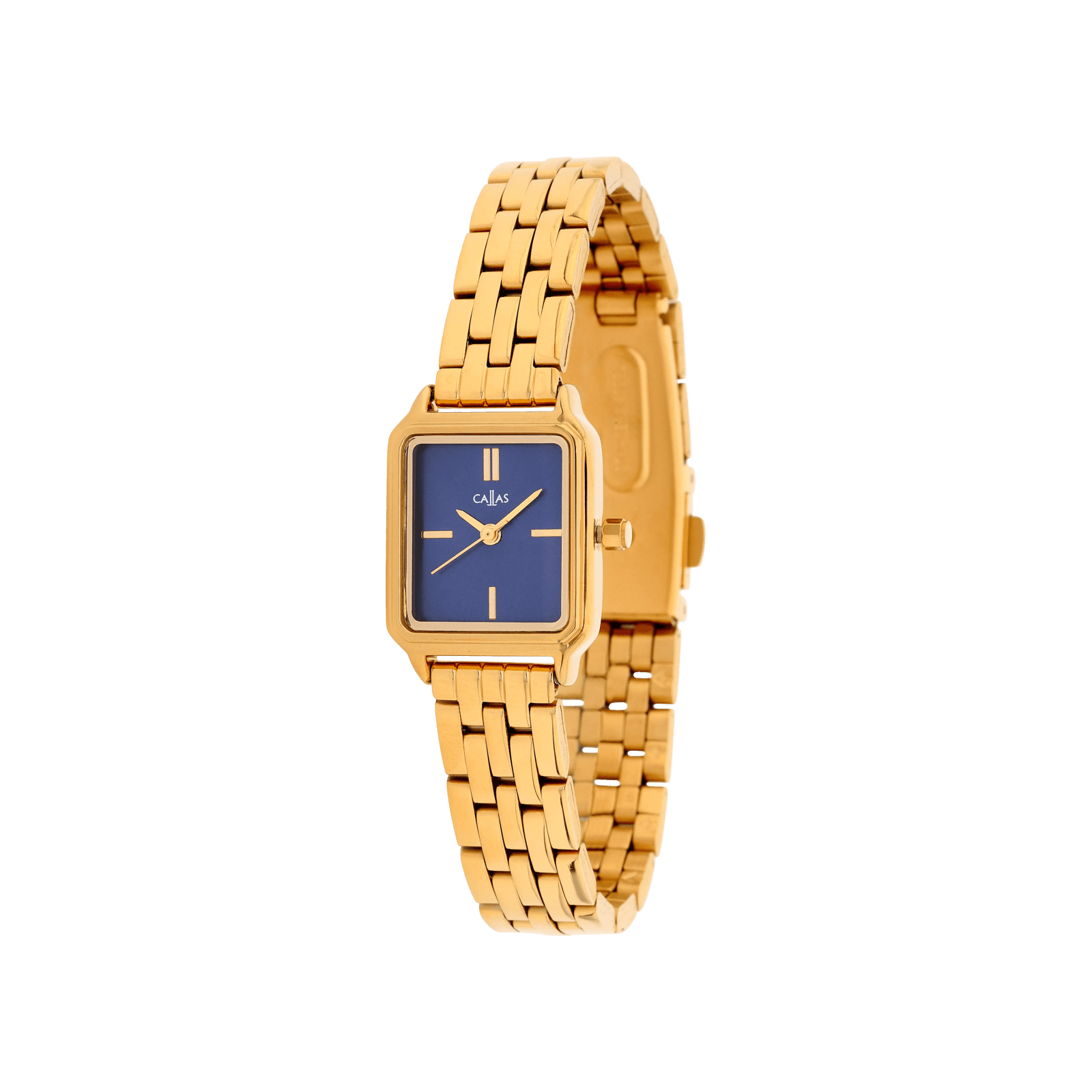 Montre Callas 20x28mm rectangle Bracelet métal Acier doré Cadran bleu 3 ATM