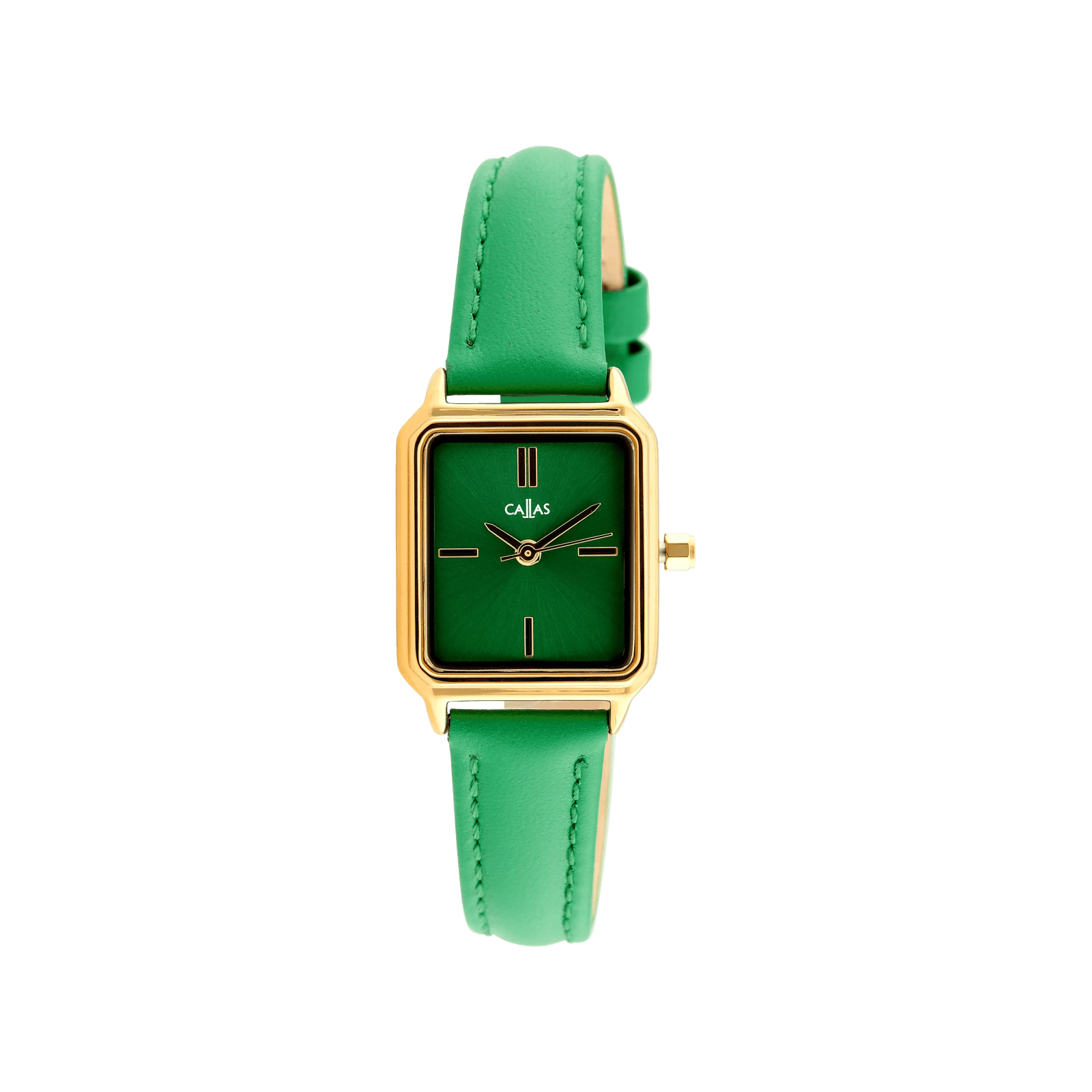 Montre Callas rectangle Bracelet cuir Acier doré Cadran vert