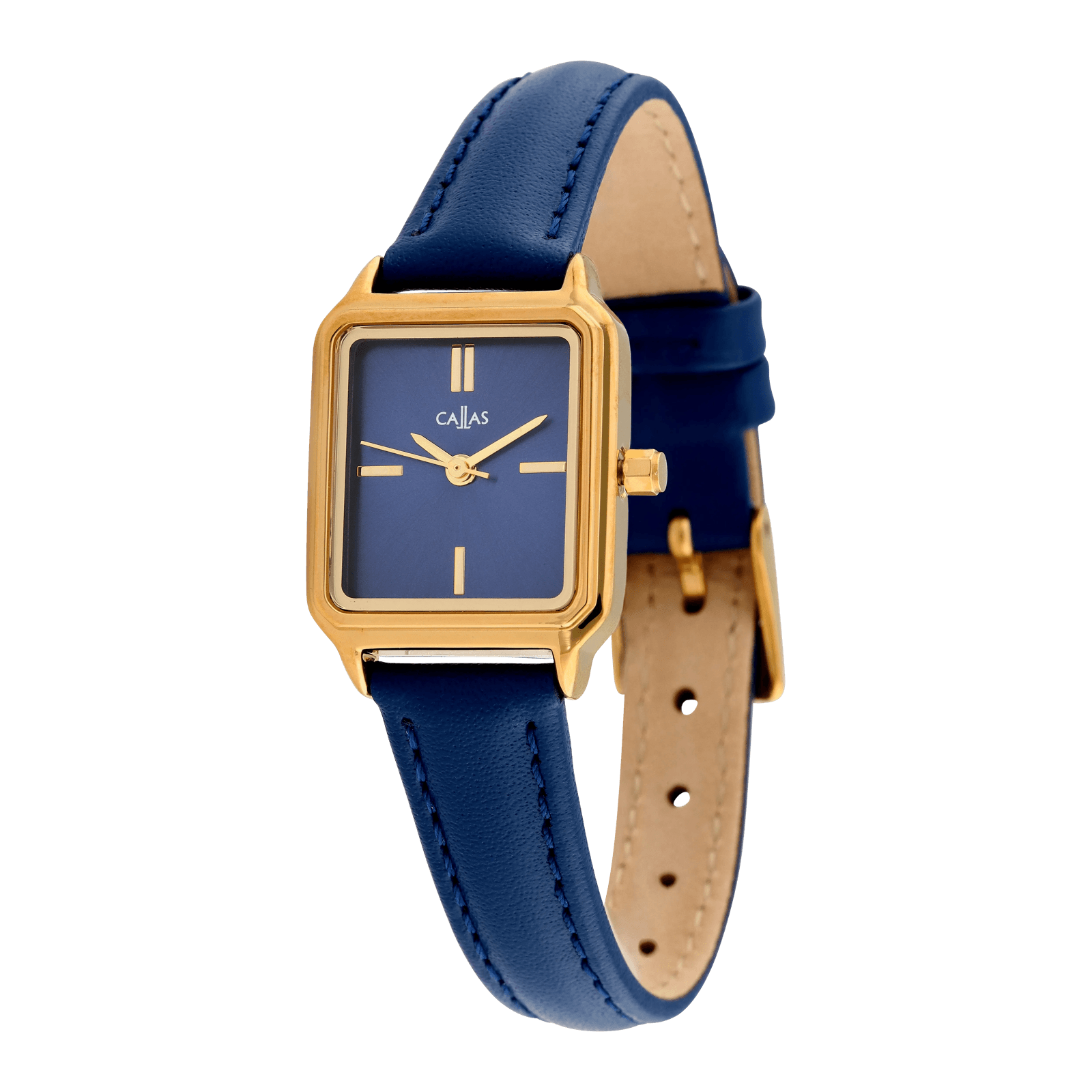 Montre Callas rectangle Bracelet cuir Acier doré Cadran bleu