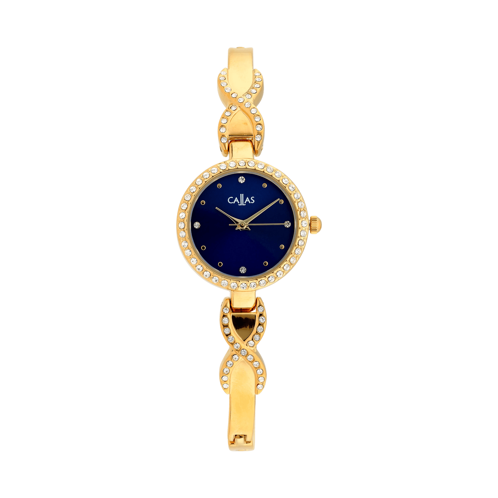 Montre Callas Bracelet Demi Jonc métal Acier doré serti Cadran bleu sunray