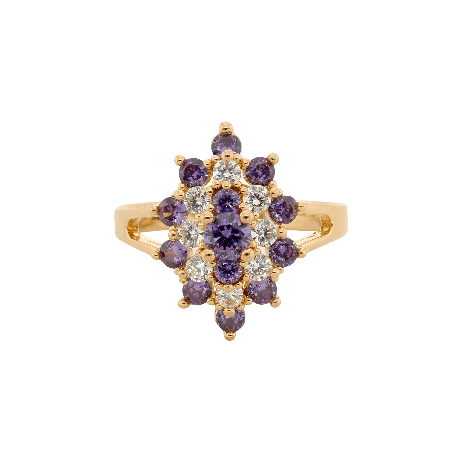 bague Plaqué or ovale oxydes violets et blancs