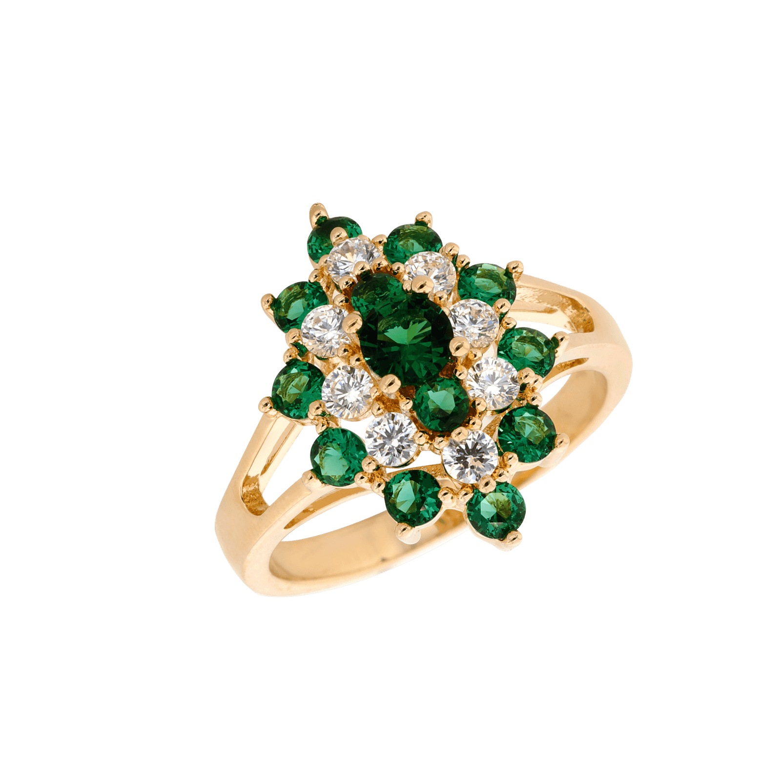 Bague Plaqué or ovale Oxydes verts et blancs