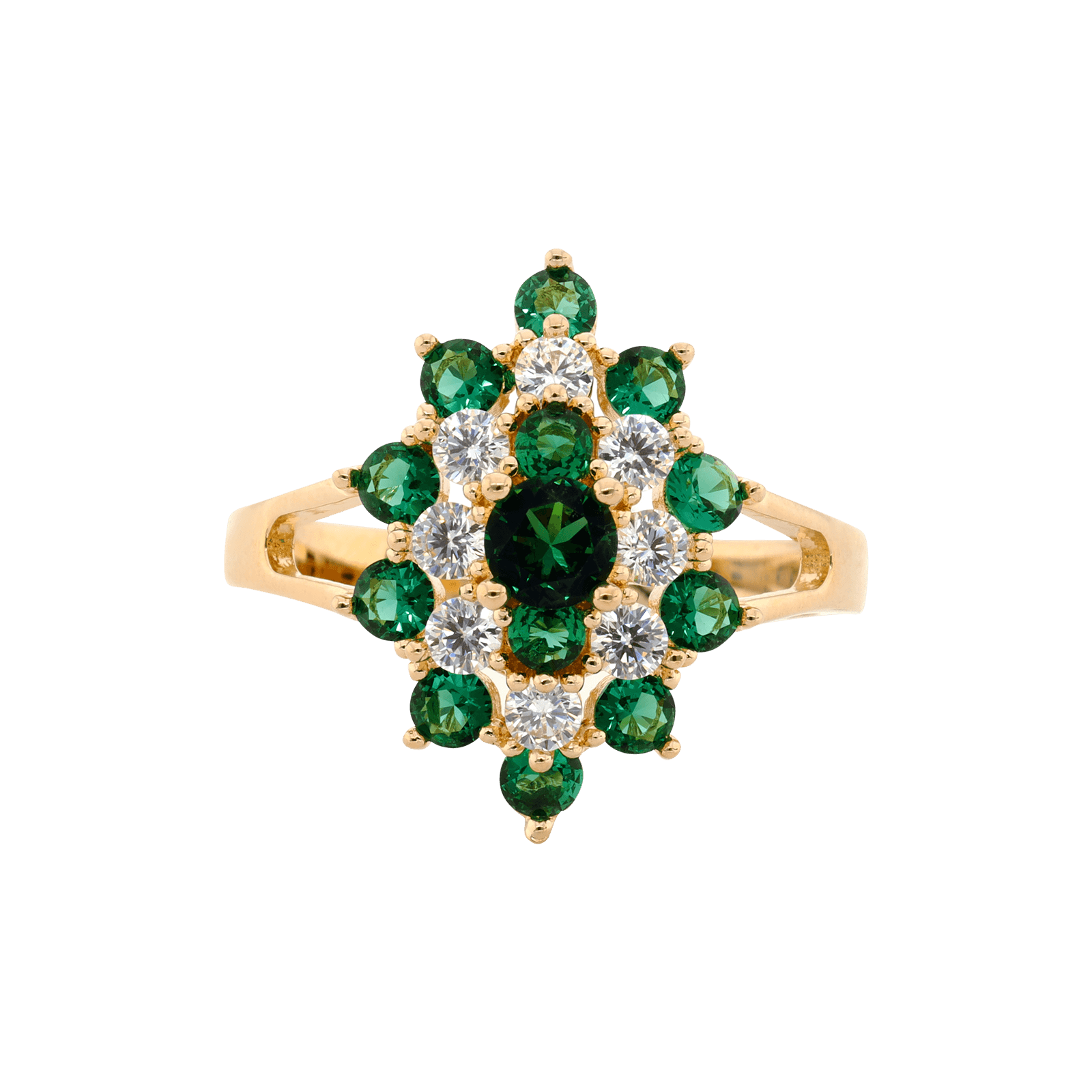 Bague Plaqué or ovale Oxydes verts et blancs