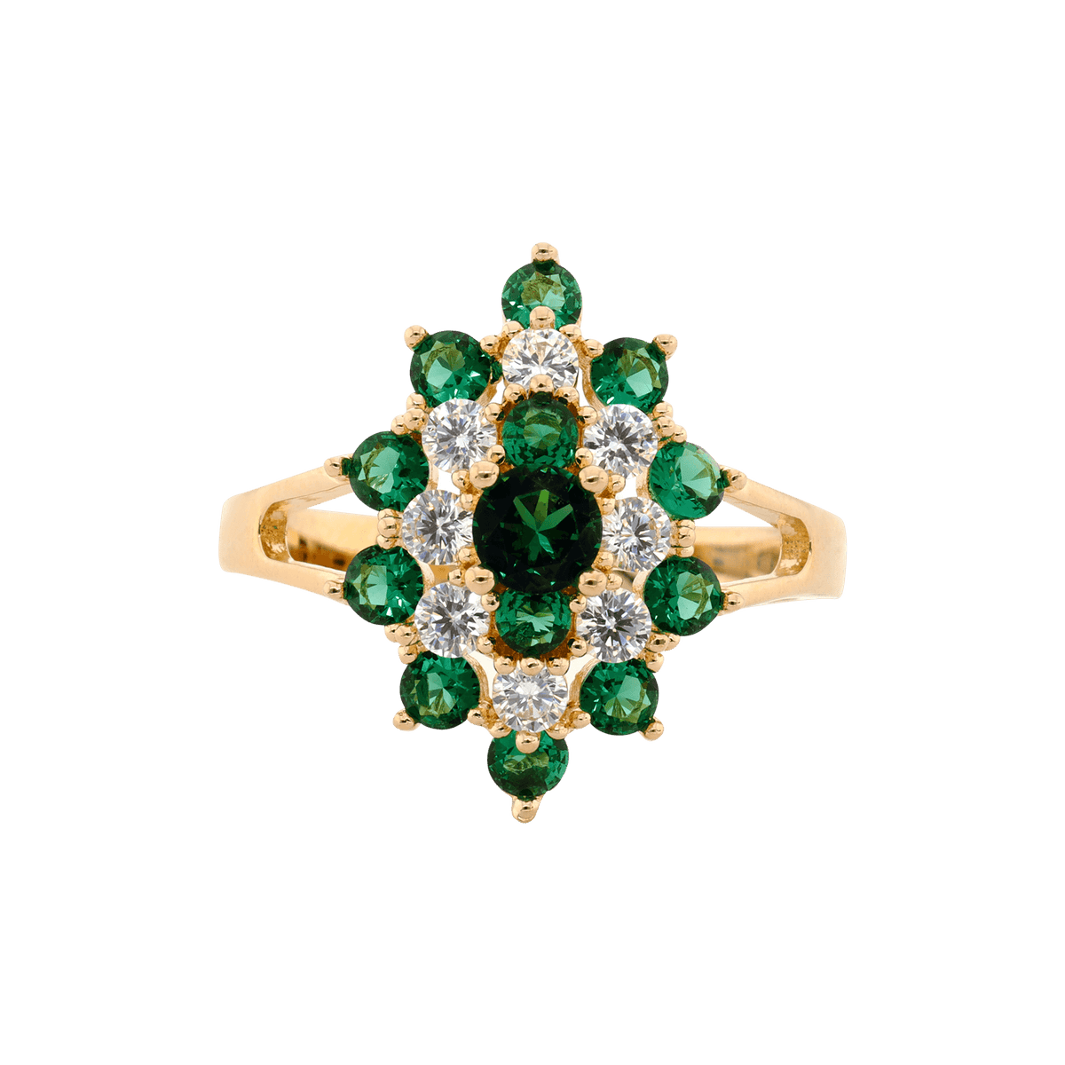 Bague Plaqué or ovale Oxydes verts et blancs