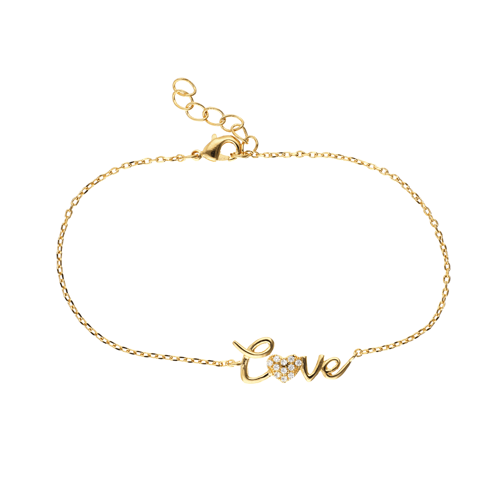 Bracelet Plaqué or inscription love avec coeur serti Oxydes 18 centimètres