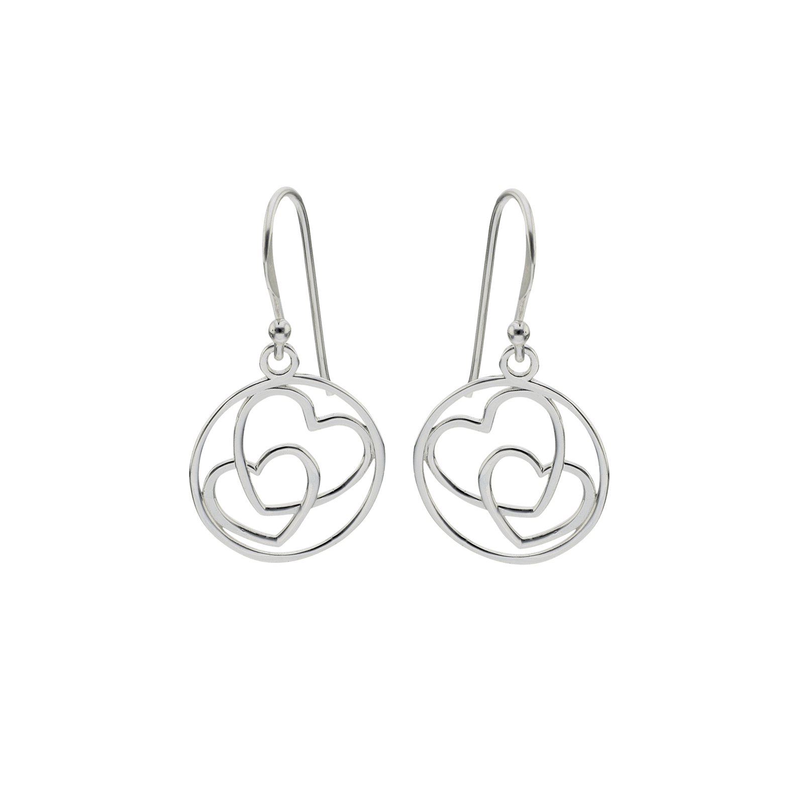 Boucles d'Oreilles Argent Pendentif cercle intérieur 2 coeurs