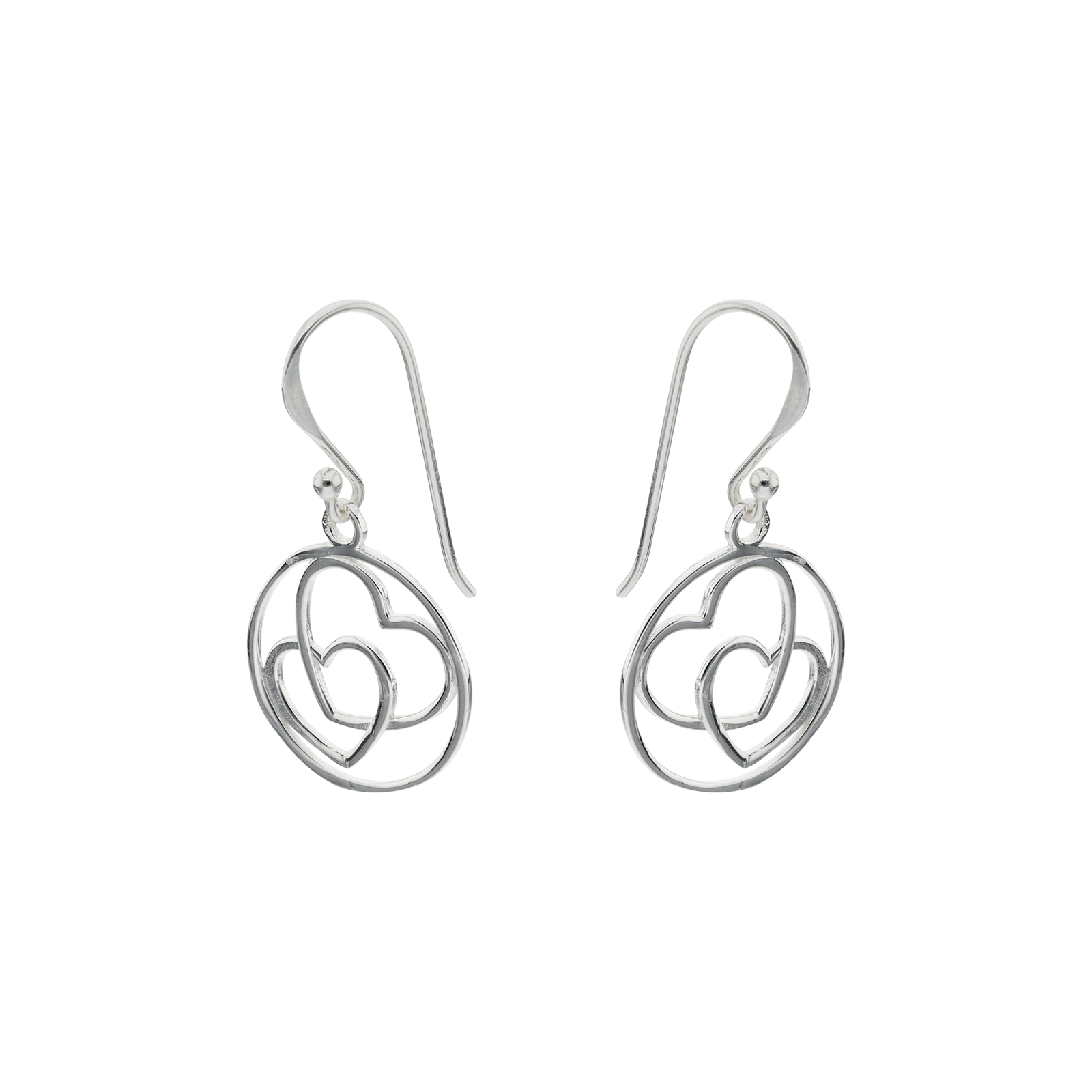 Boucles d'Oreilles Argent Pendentif cercle intérieur 2 coeurs