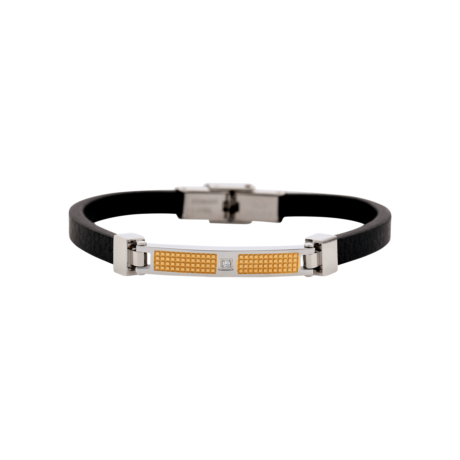 bracelet callas acier cuir noir plaqué acier et doré zirconia cubique blanc 21 mm