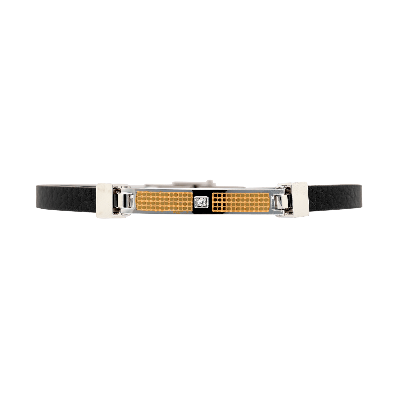 bracelet callas acier cuir noir plaqué acier et doré zirconia cubique blanc 21 mm