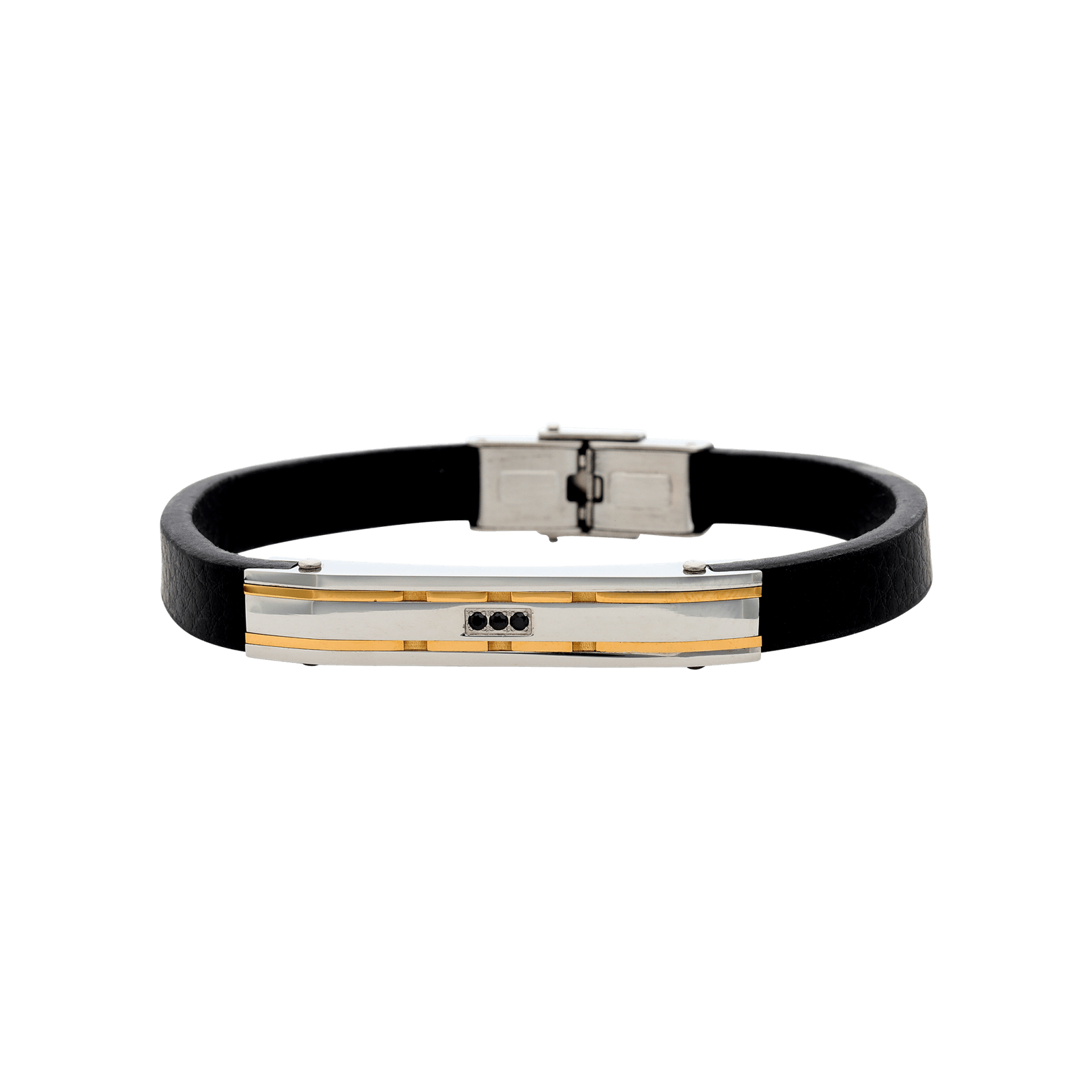 bracelet callas acier cuir noir plaque acier et doré trois zirconia cubique noires 21 mm