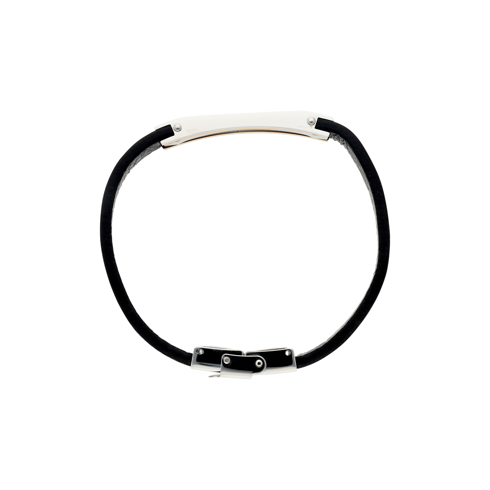 bracelet callas acier cuir noir plaque acier et doré trois zirconia cubique noires 21 mm