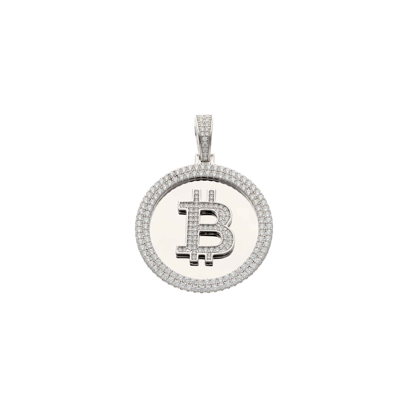 Pendentif Argent Rhodié rond Bitcoin Zirconia Cubique 40 millimètres