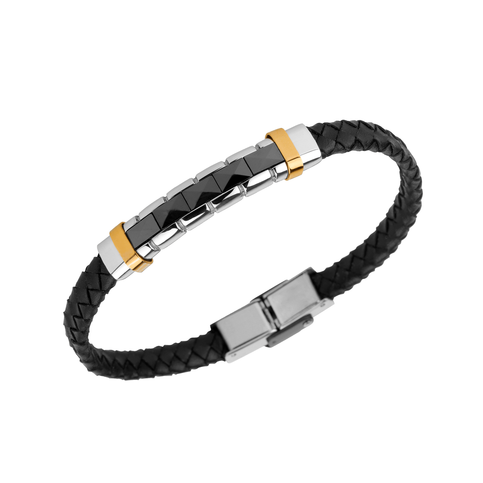 Bracelet Callas cuir et motif Acier Ion Plating Black et Acier doré