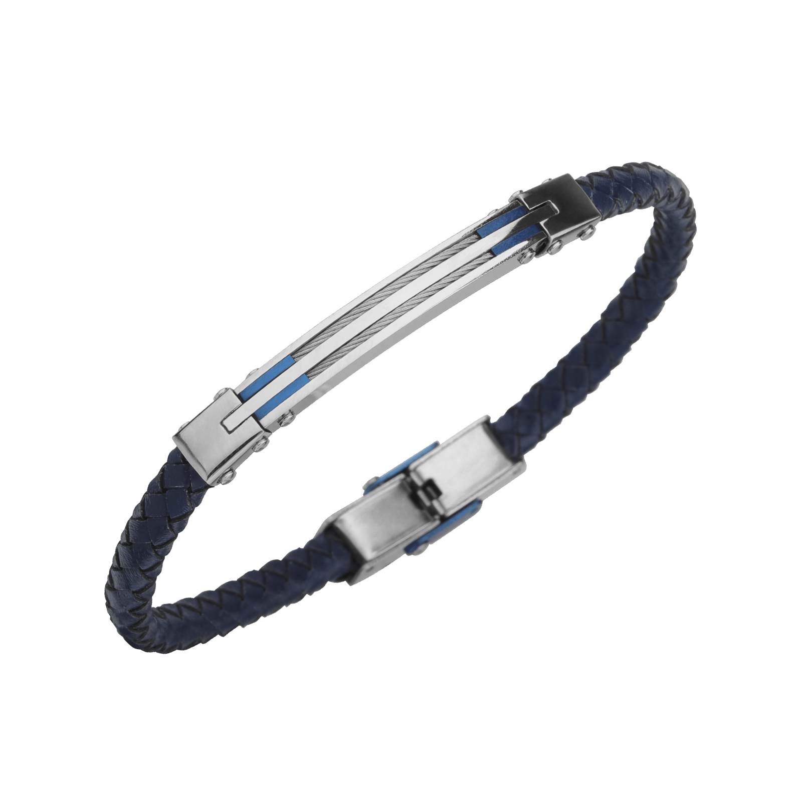 Bracelet Callas en cuir bleu avec plaque en acier, motif bleu et câble
