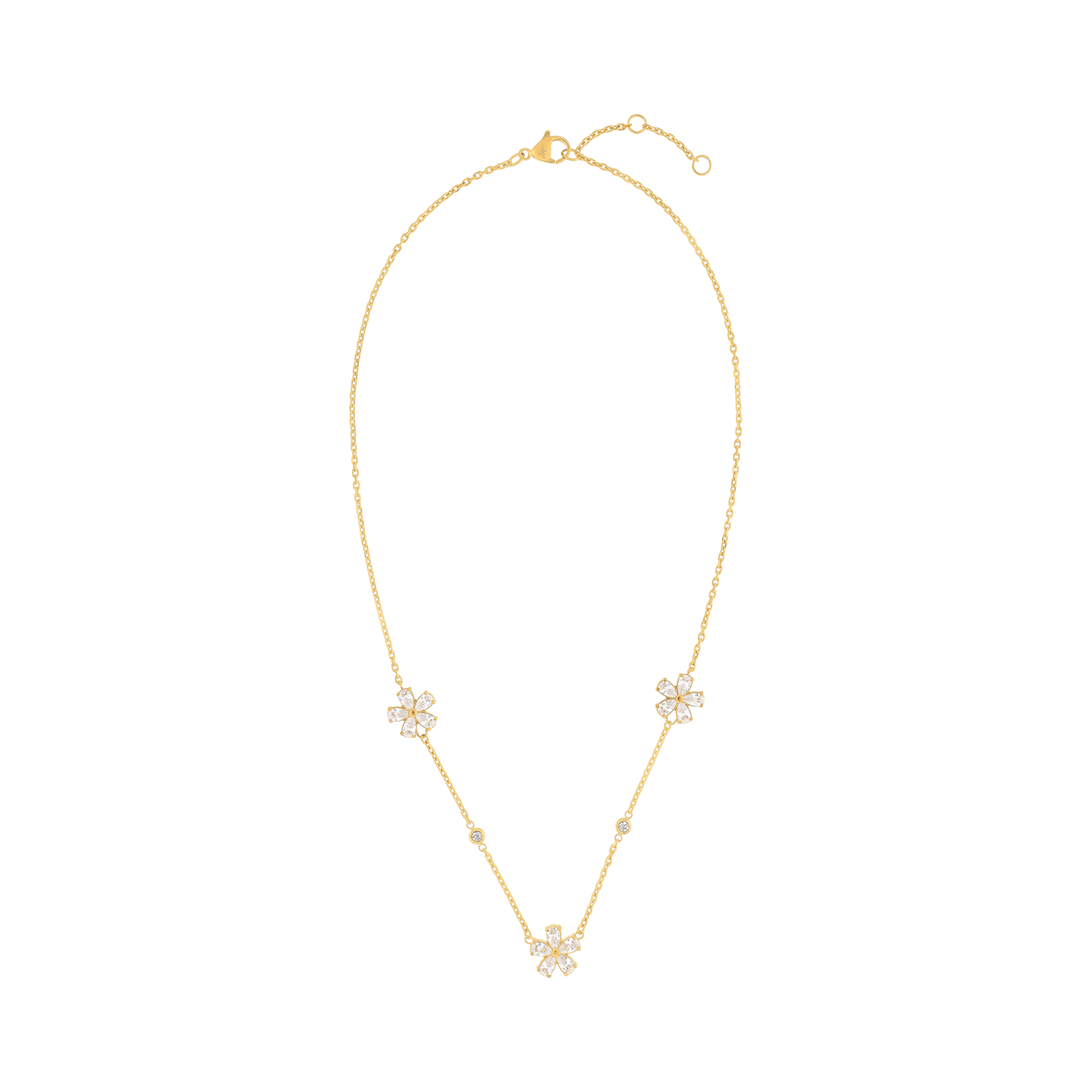 Sautoir Callas en acier doré trois fleurs et oxydes de zirconium, 42 cm avec rallonge de 3 cm