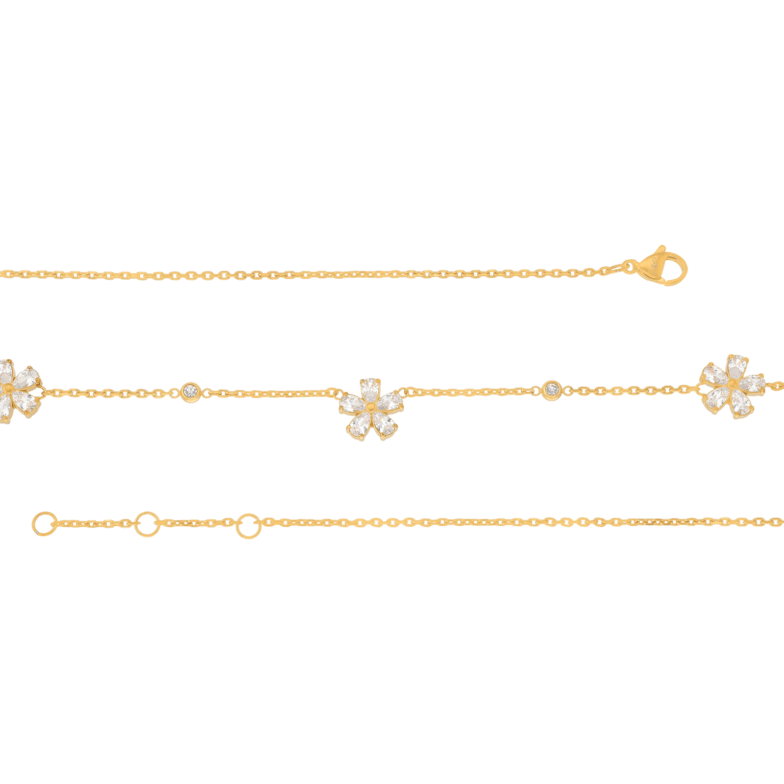 Sautoir Callas en acier doré trois fleurs et oxydes de zirconium, 42 cm avec rallonge de 3 cm