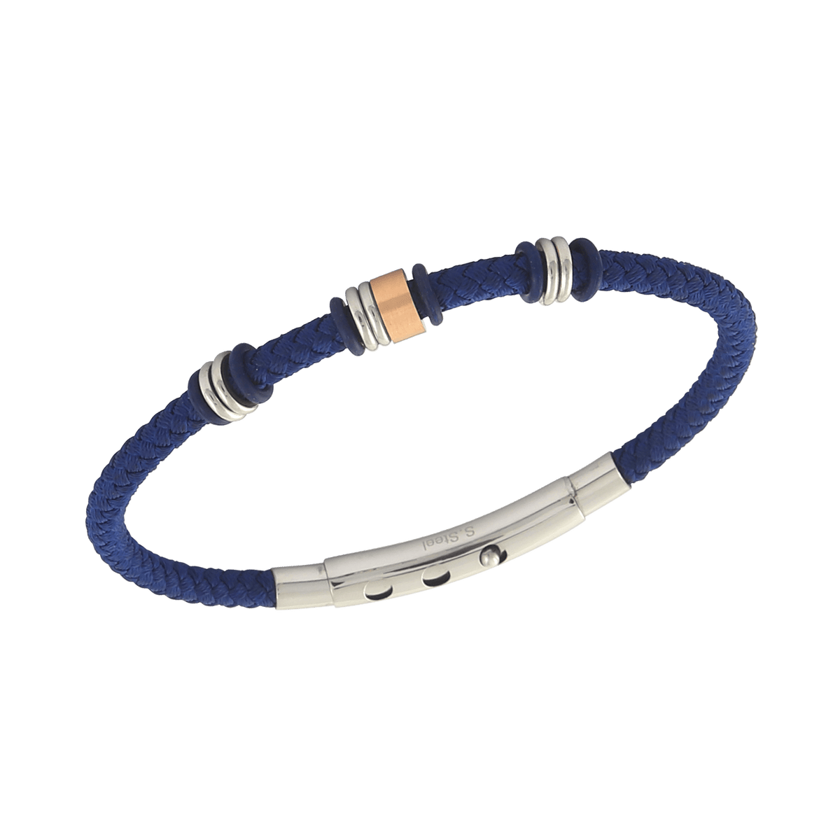 Bracelet Acier Bicolore Coton Bleu Tressé 4mm 20 à 22cm