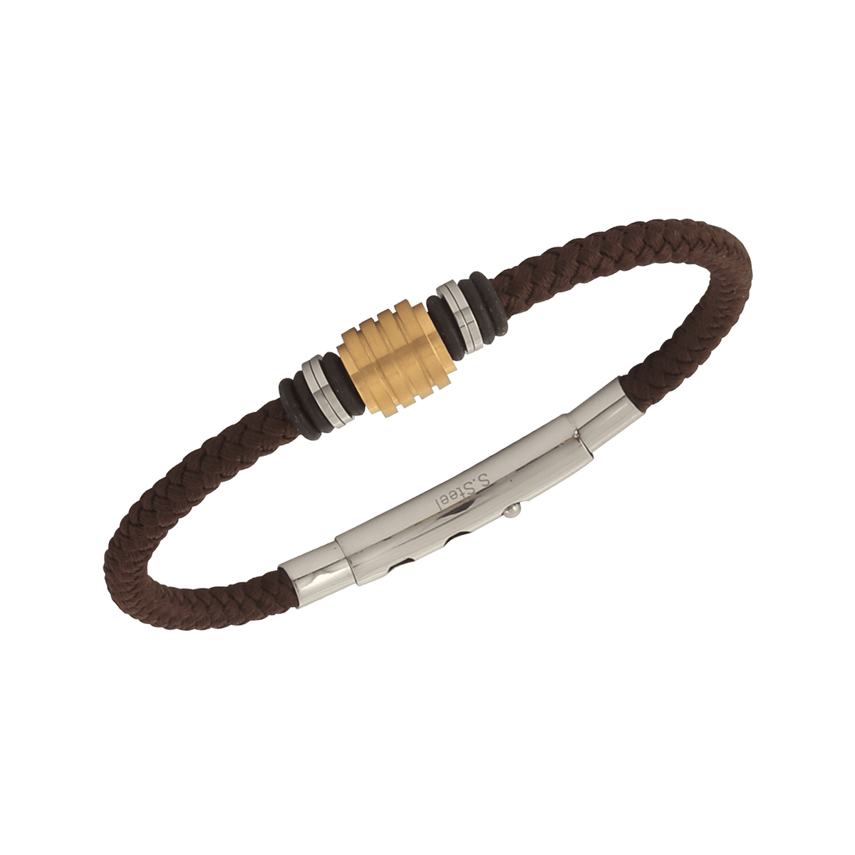 Bracelet Acier Bicolore Coton Marron Tressé 4mm 20 à 22cm