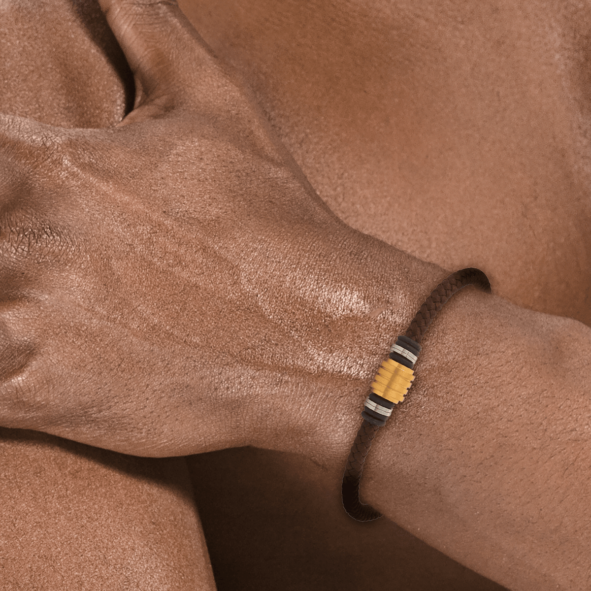 Bracelet Acier Bicolore Coton Marron Tressé 4mm 20 à 22cm