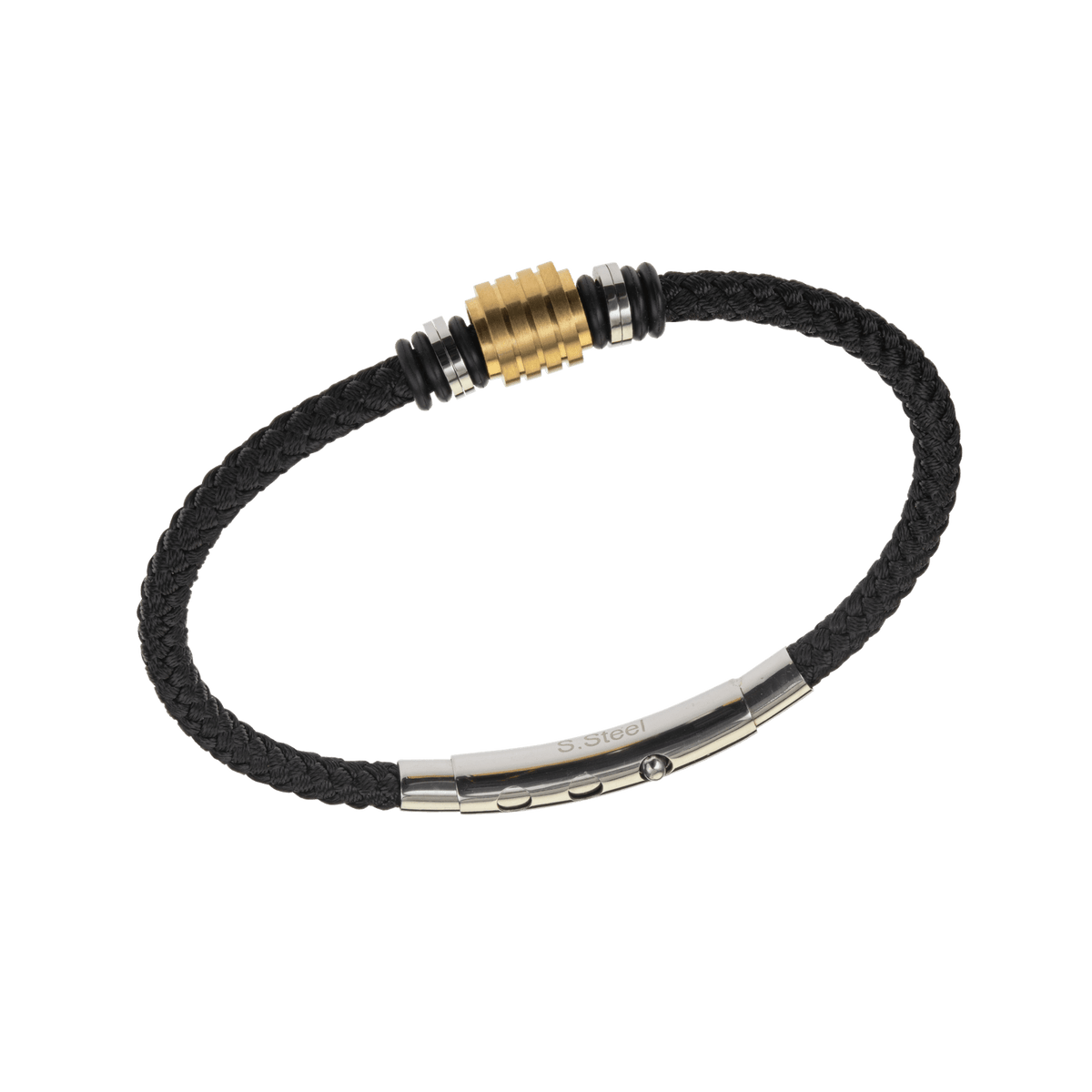 Bracelet Acier Bicolore Coton Noir Tressé 4mm 20 à 22cm