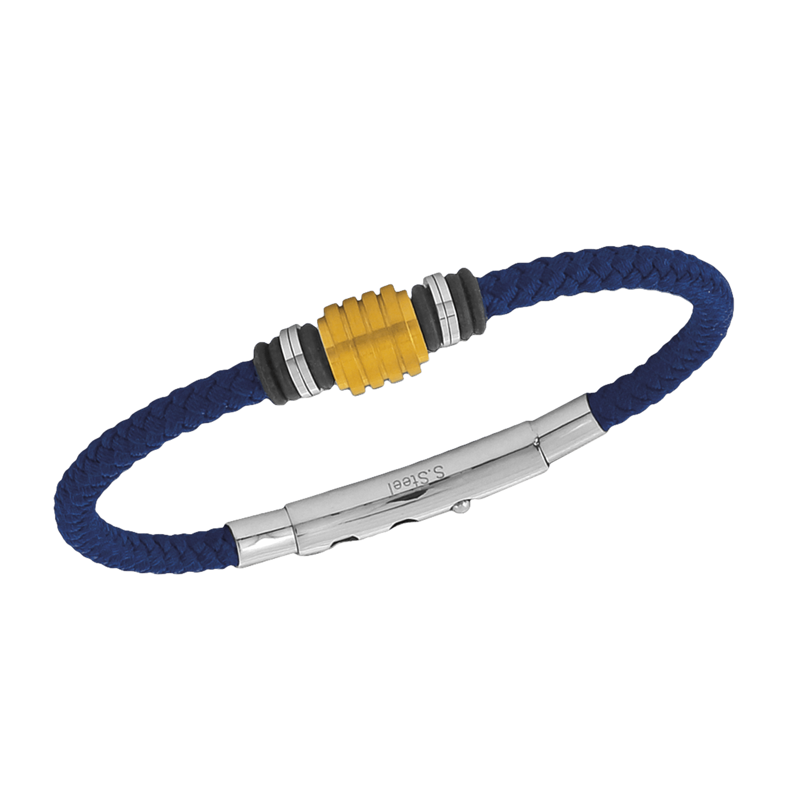 Bracelet Acier Bicolore Coton Bleu Tressé 20A22cm