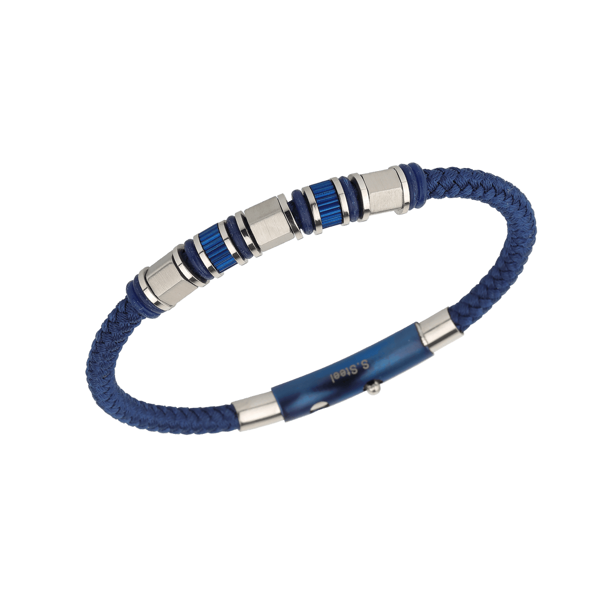 Bracelet Acier Tricolore Coton 4mm Bleu Tressé 20 à 21cm