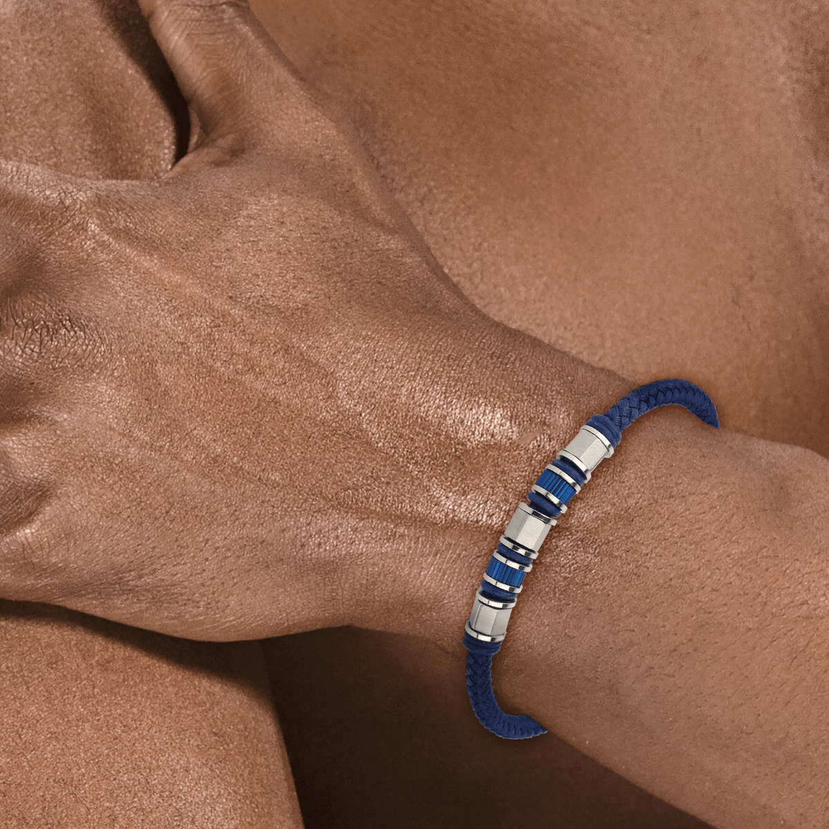 Bracelet Acier Tricolore Coton 4mm Bleu Tressé 20 à 21cm