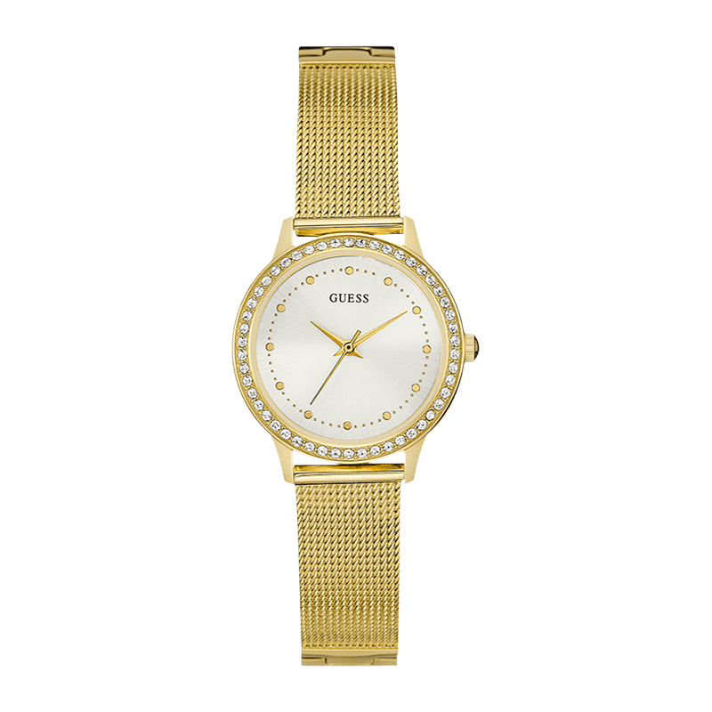 Montre Femme Guess Chelsea Boîtier Acier Doré Milanais 30mm, Cadran Blanc/Argenté, Strass – W0647L7