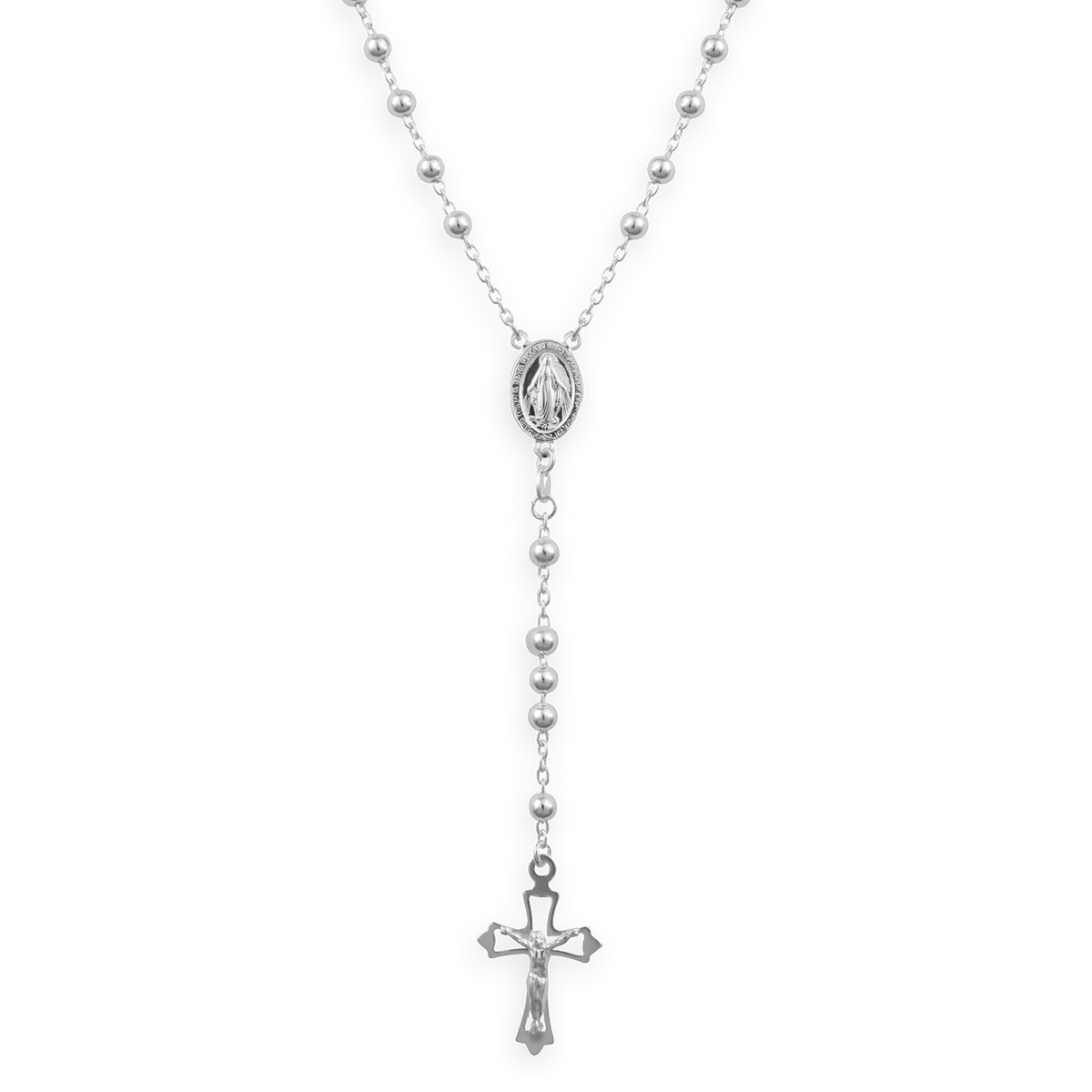 Collier Chapelet Argent 925 1.9mm Boules 4mm Miraculeuse Croix Christ 58cm