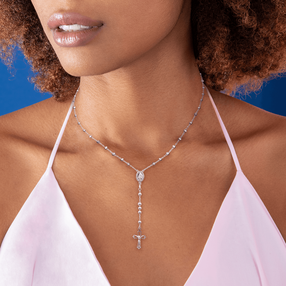 Collier Chapelet Argent 925 1.9mm Boules 4mm Miraculeuse Croix Christ 58cm