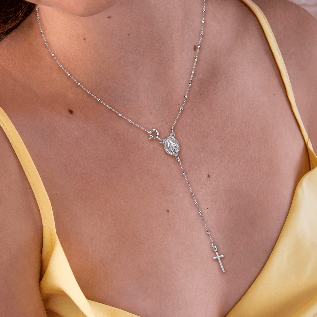 Collier Chapelet Argent 925 1mm Boules 2mm Miraculeuse Croix 48cm