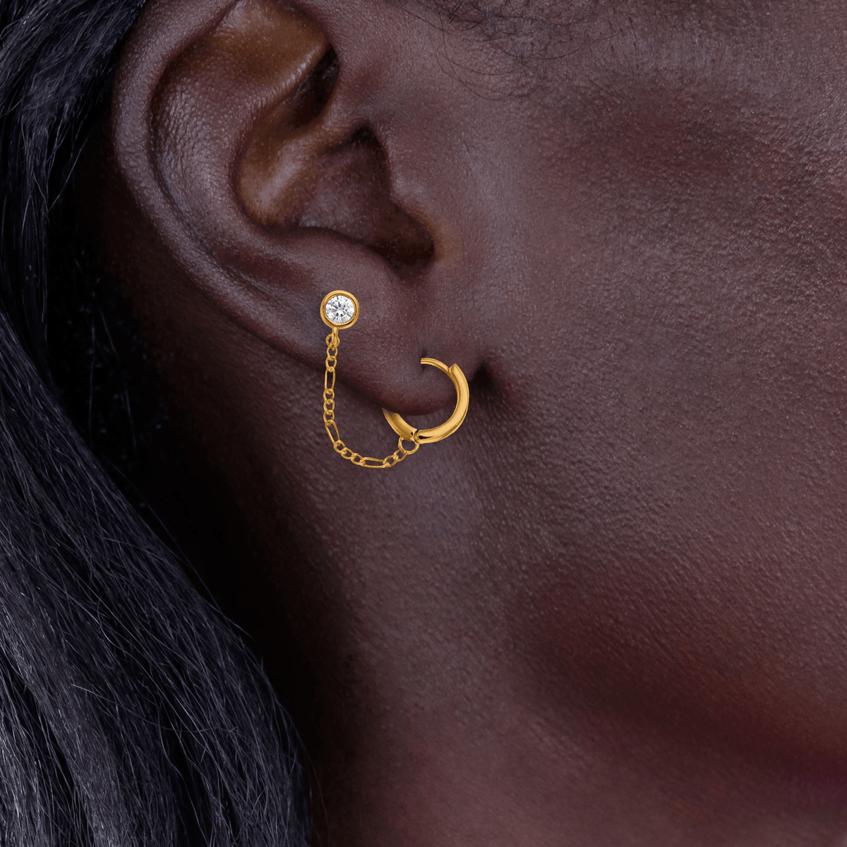 Créole Plaqué Or 12mm Tube 2.5mm Chaînette 35mm Boucle D'oreilles Zircon 4mm