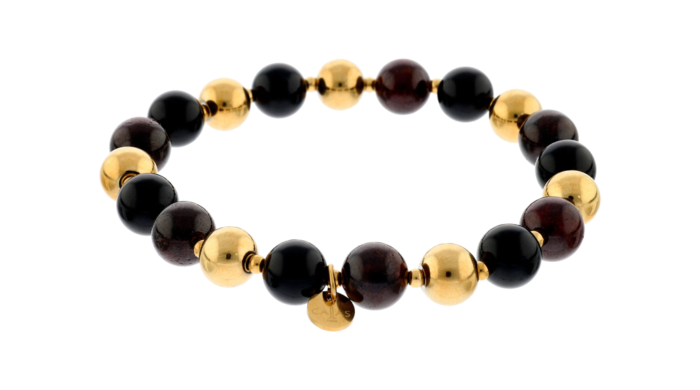 Bracelet Callas élastique en acier doré avec boules d’agate noire et grenats de 8 mm