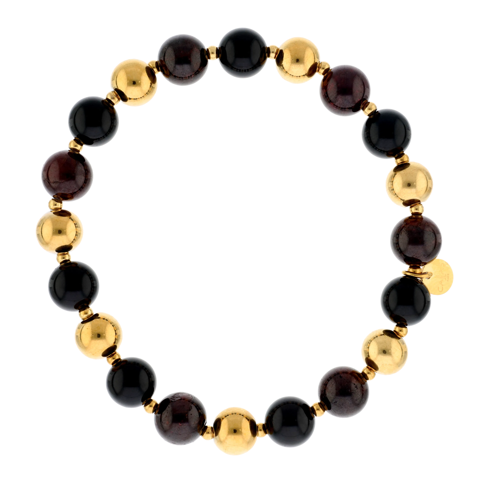 Bracelet Callas élastique en acier doré avec boules d’agate noire et grenats de 8 mm