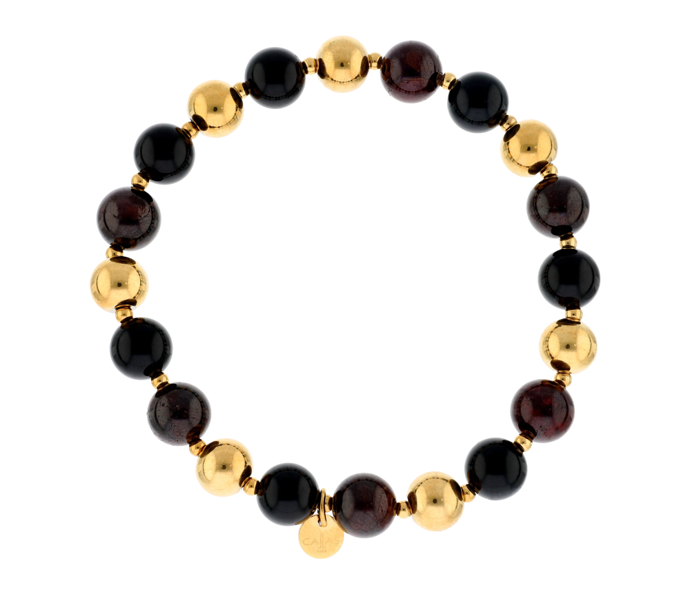 Bracelet Callas élastique en acier doré avec boules d’agate noire et grenats de 8 mm