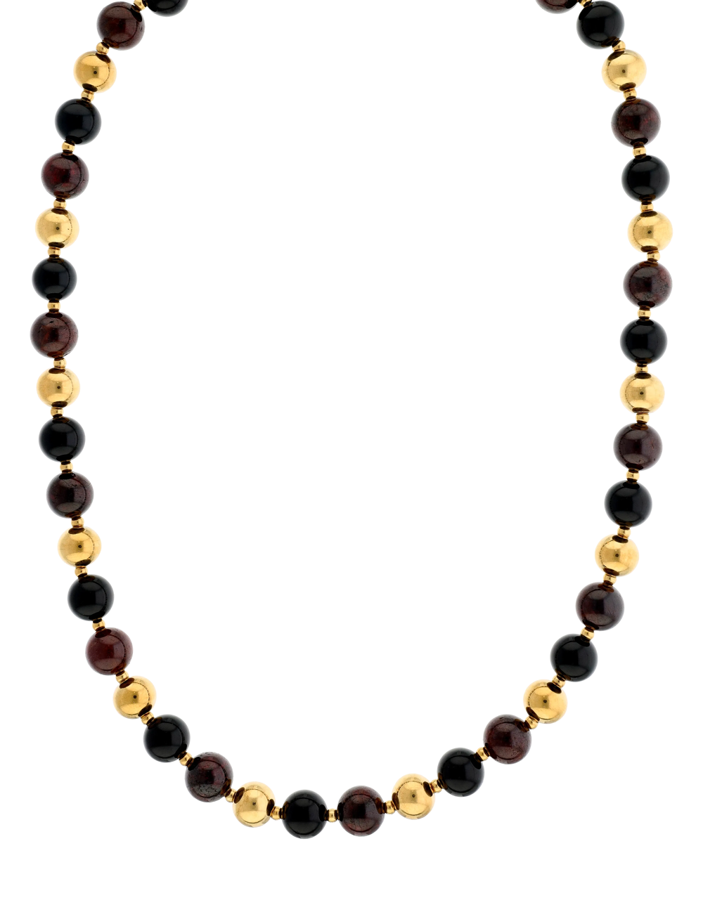 Collier Callas en acier doré avec boules d’agate noire et grenats de 8 mm
