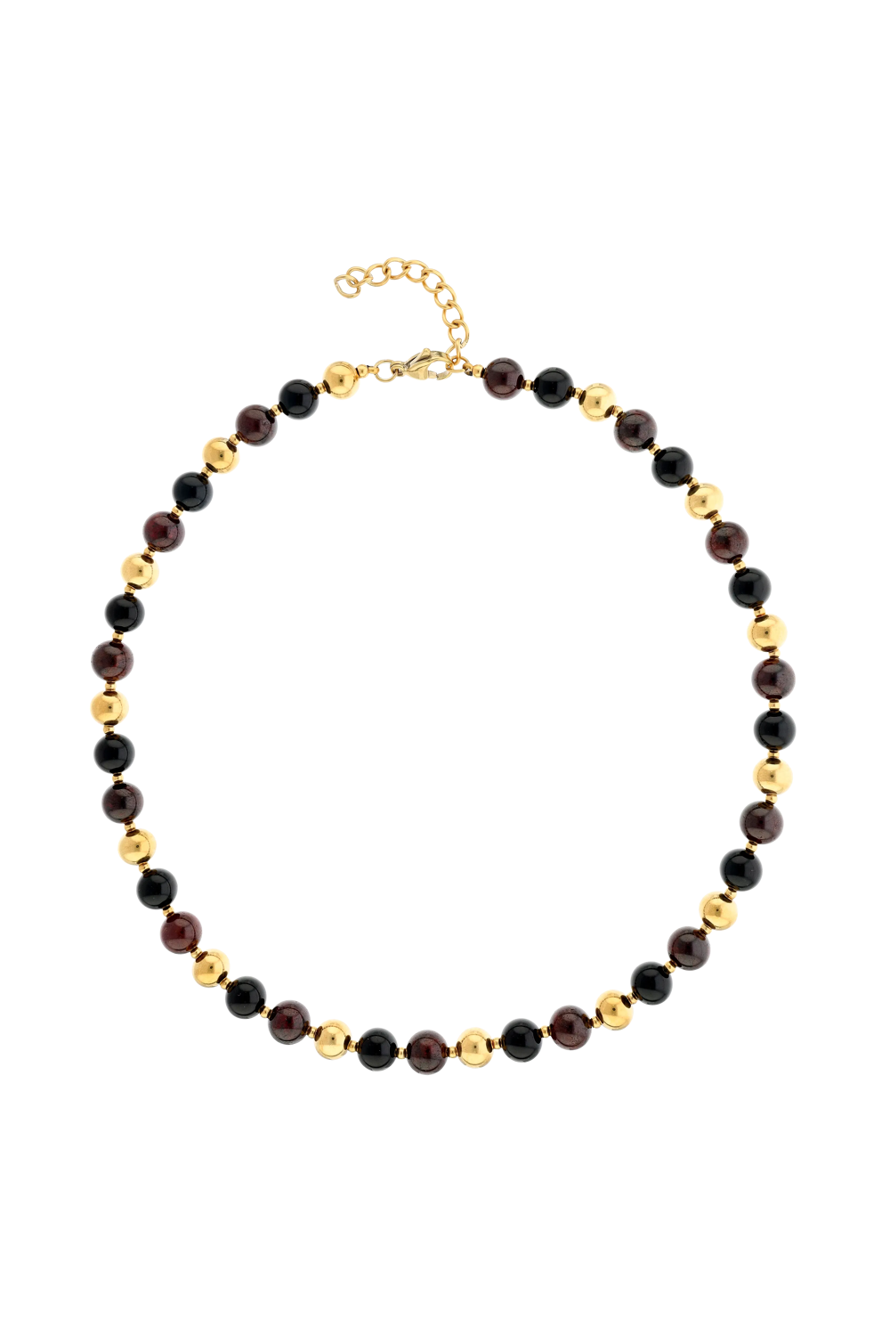 Collier Callas en acier doré avec boules d’agate noire et grenats de 8 mm
