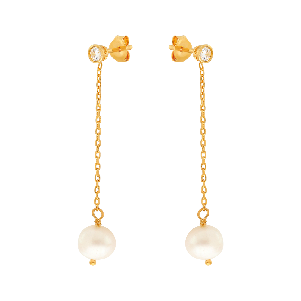 Boucles D'oreilles Plaqué Or  Pendant 40mm Zirconium 4mm  Perle Culture 7mm