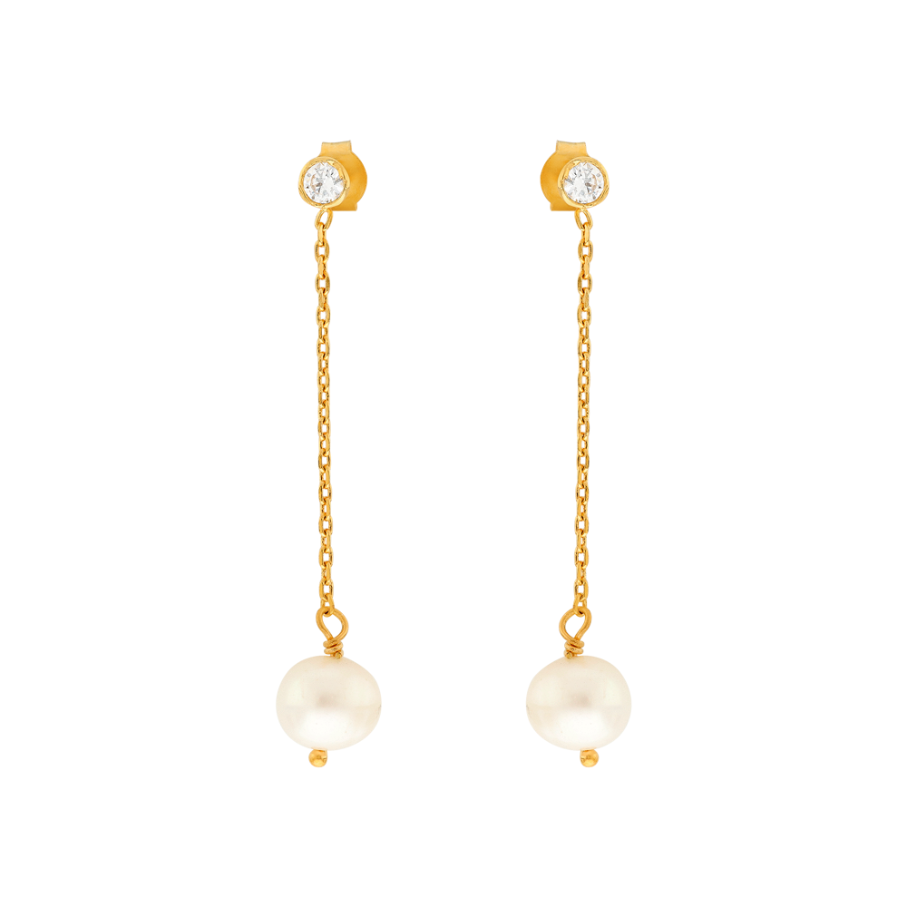 Boucles D'oreilles Plaqué Or  Pendant 40mm Zirconium 4mm  Perle Culture 7mm