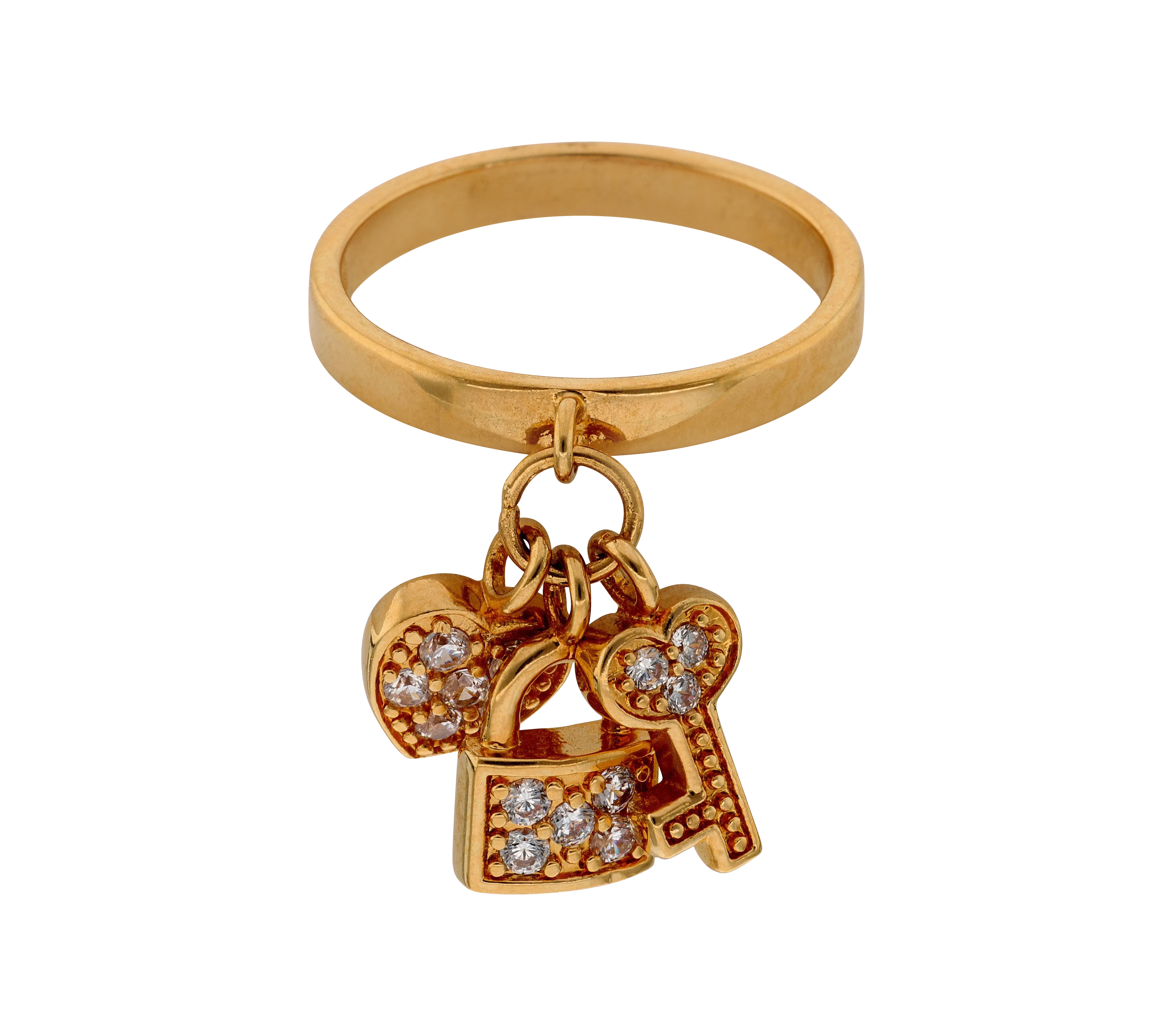 Bague breloques cadenas, cœur et clé, oxydes blancs — Plaqué or, taille 54