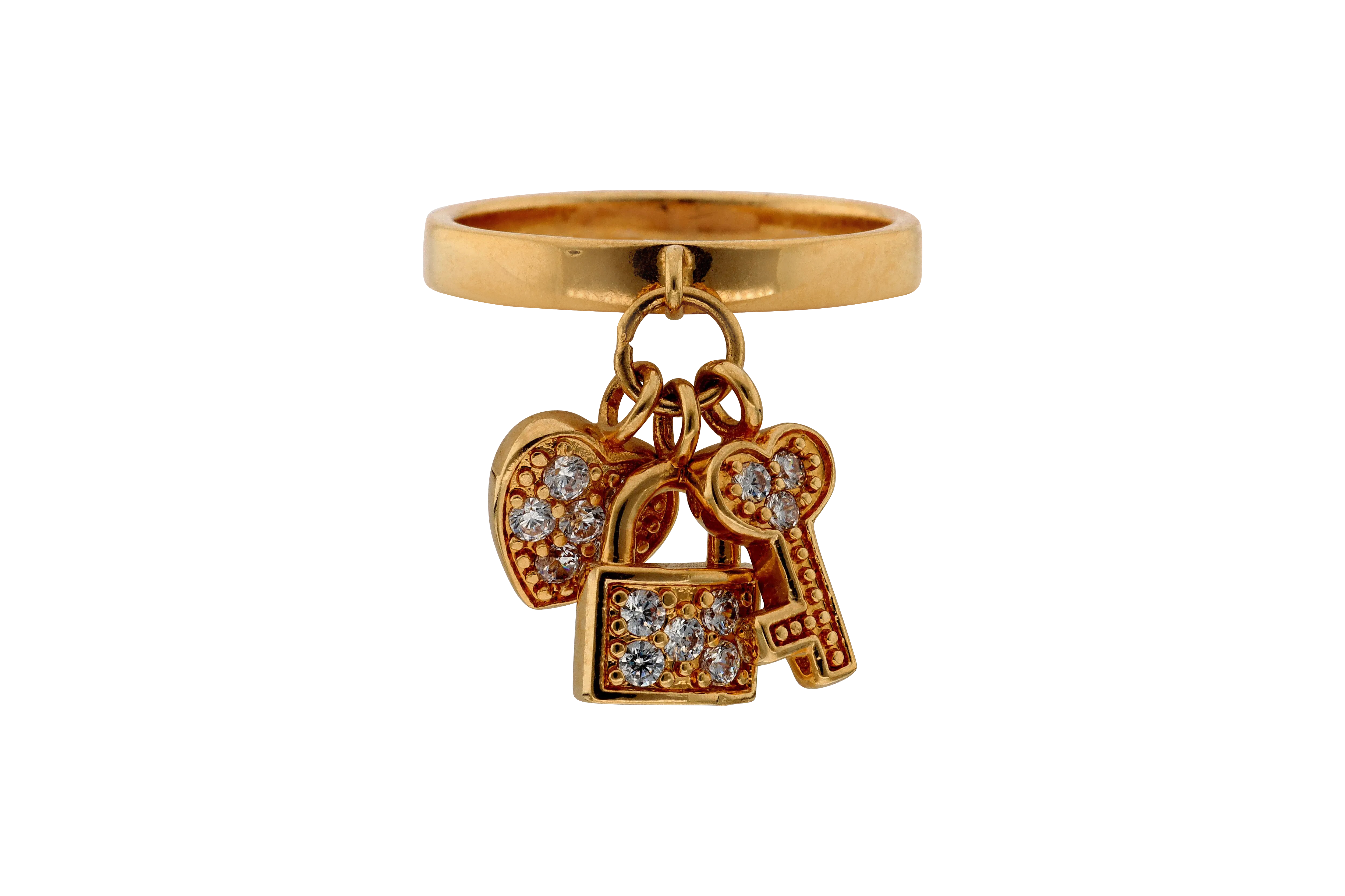 Bague breloques cadenas, cœur et clé, oxydes blancs — Plaqué or, taille 54