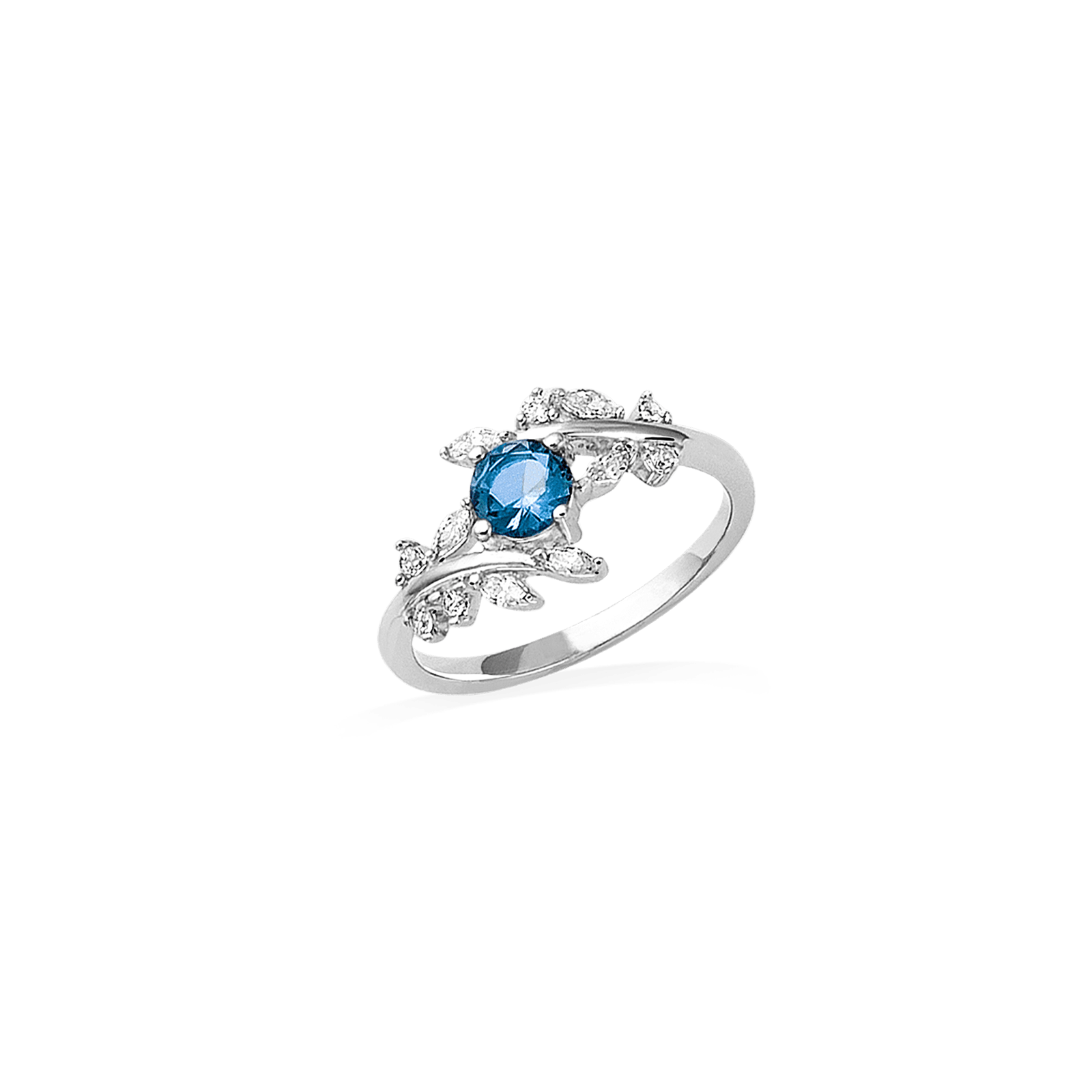 Bague Argent Rond feuillage couleur London Blue avec Oxydes blancs