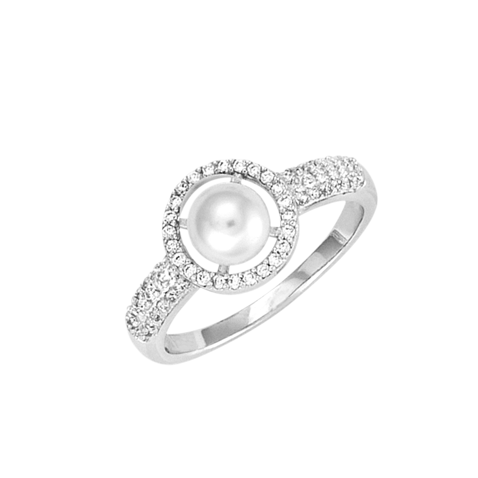 Bague Argent Rond Perle synthétique blanche et Oxyde de Zirconium