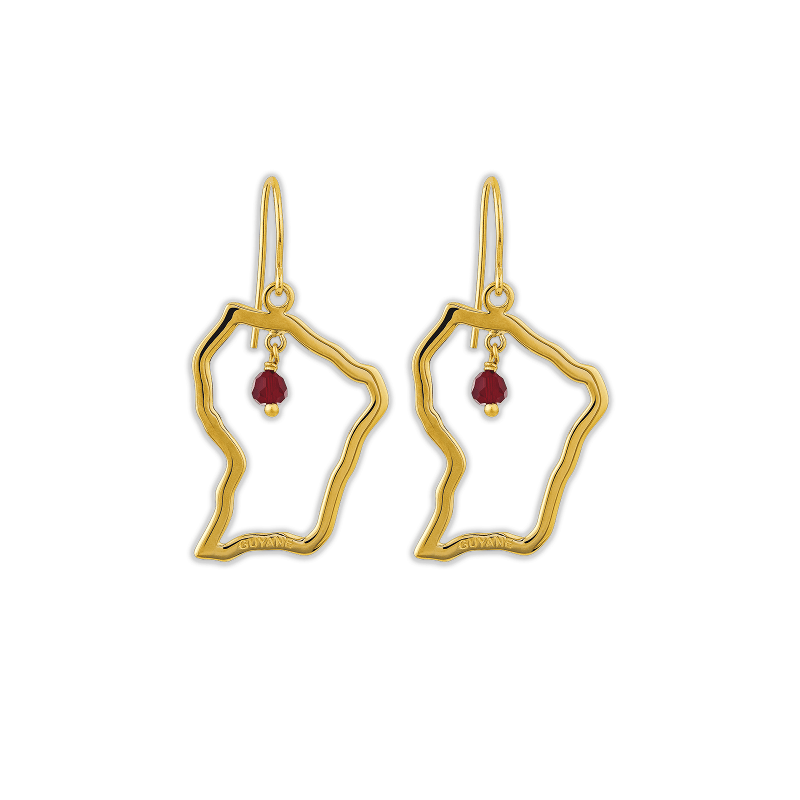 Boucles D'oreilles Plaqué Or Carte Guyane Cristal Grenat