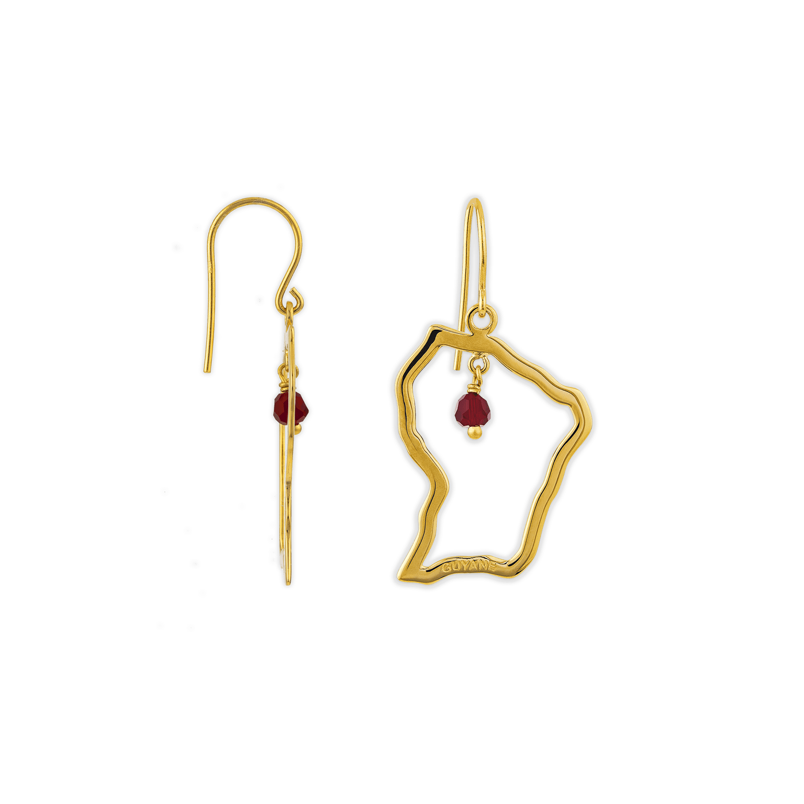 Boucles D'oreilles Plaqué Or Carte Guyane Cristal Grenat
