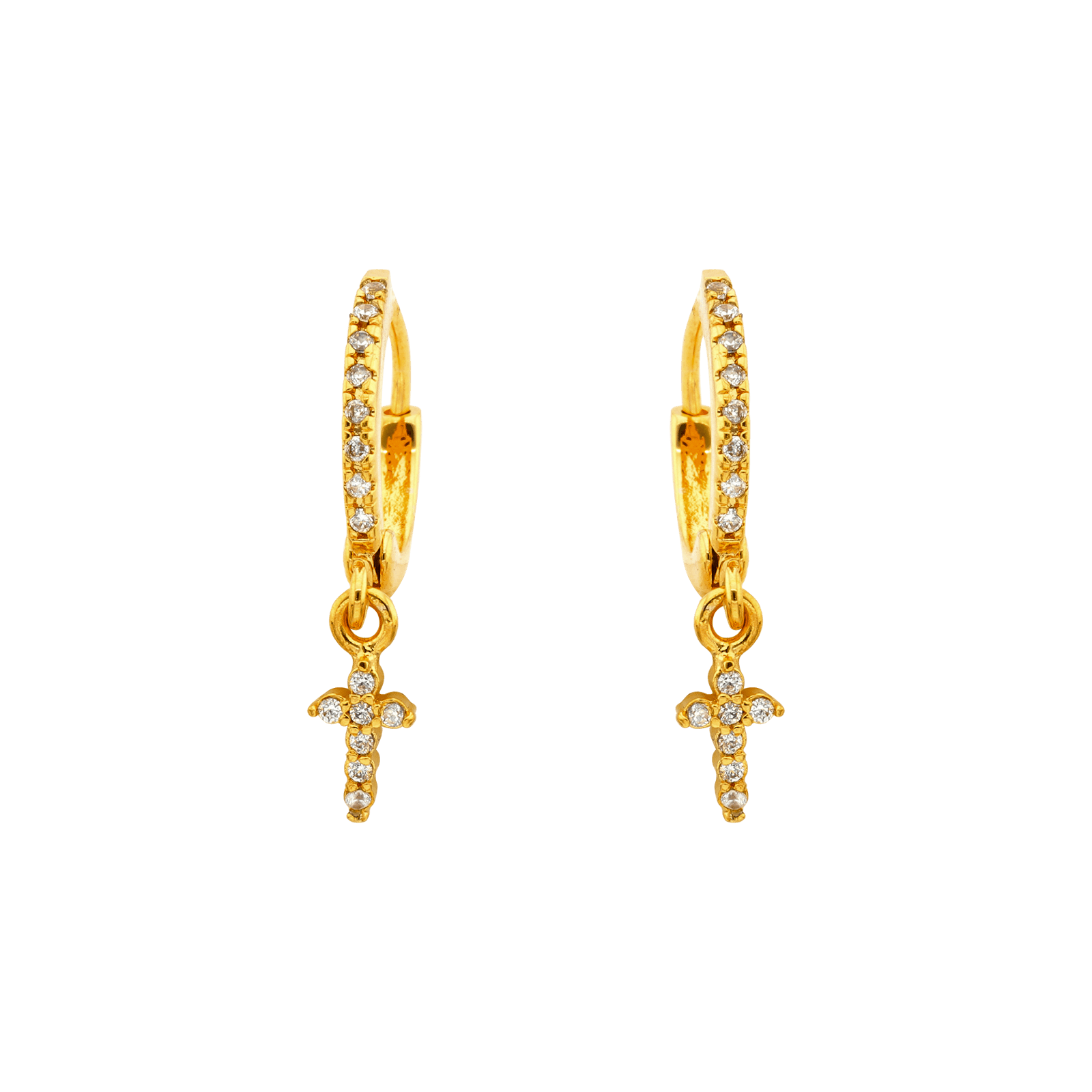 Boucles d'Oreilles Plaqué or Créoles avec Zirconia Cubique et Croix Zirconia Cubique
