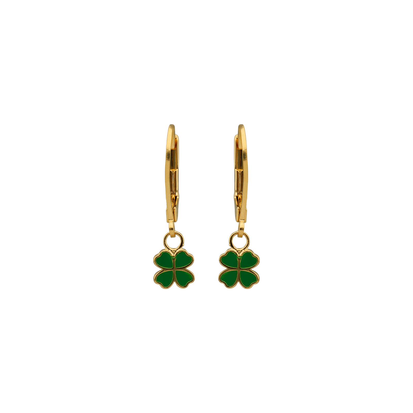 Boucles D'oreilles Trèfle Email Vert 6mm Pendant 20mm Plaqué Or