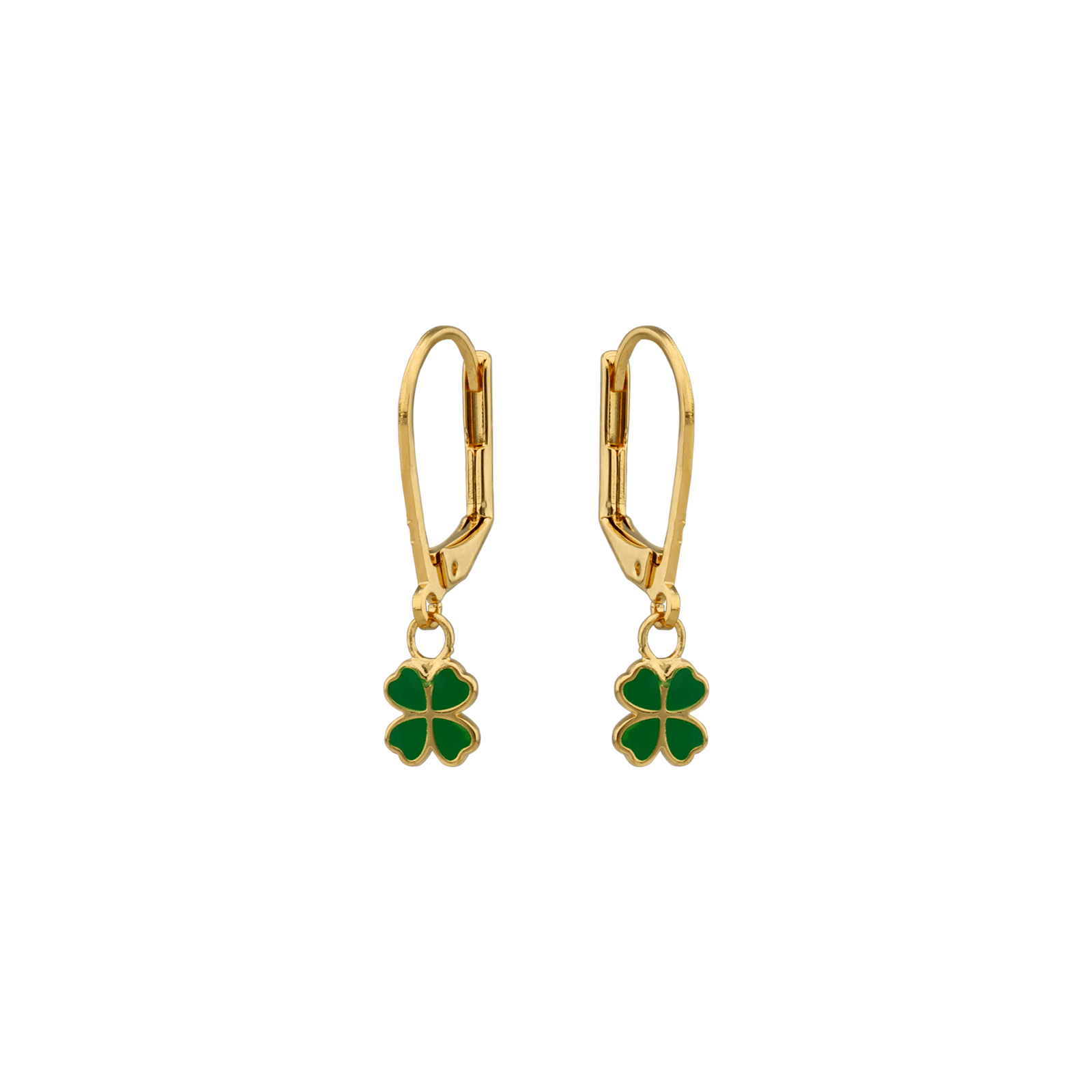 Boucles D'oreilles Trèfle Email Vert 6mm Pendant 20mm Plaqué Or